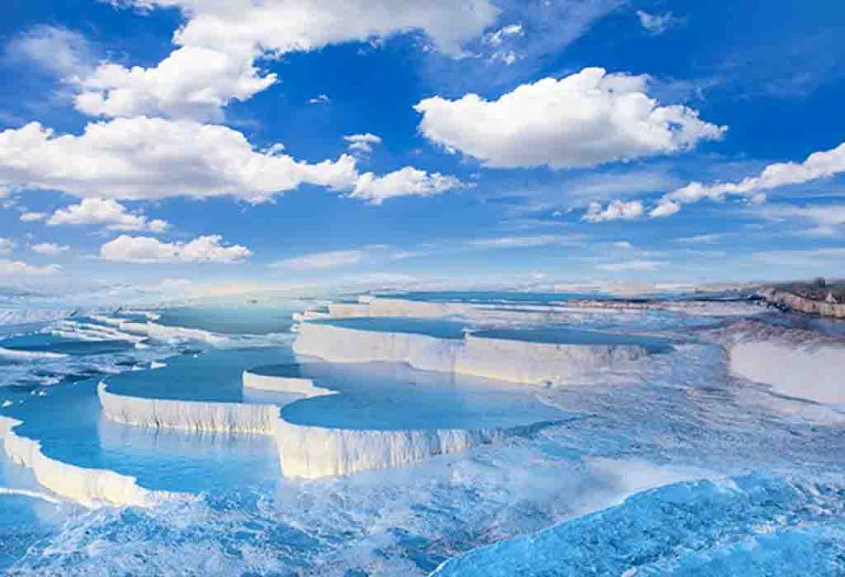 Pamukkale -  Famous for a carbonate mineral left by the flowing of thermal spring water.