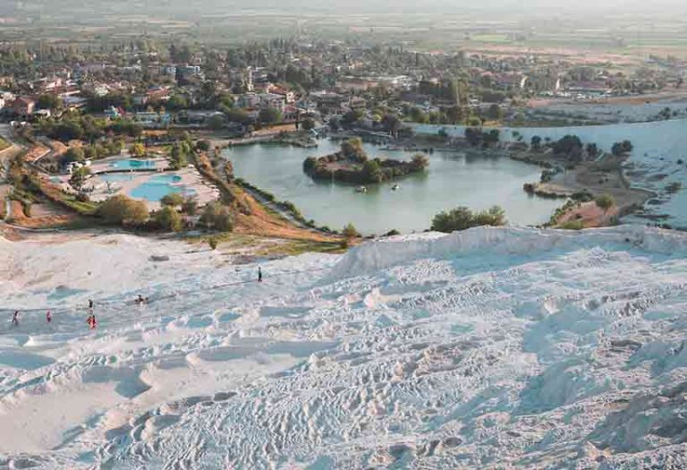 Pamukkale -  literally means Cotton Fortress. It is called cotton because this place looks white with elements of lime and sulfur soil.