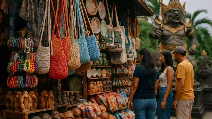 Wisatawan sedang membeli souvenir di salah satu tempat oleh-oleh di Bali