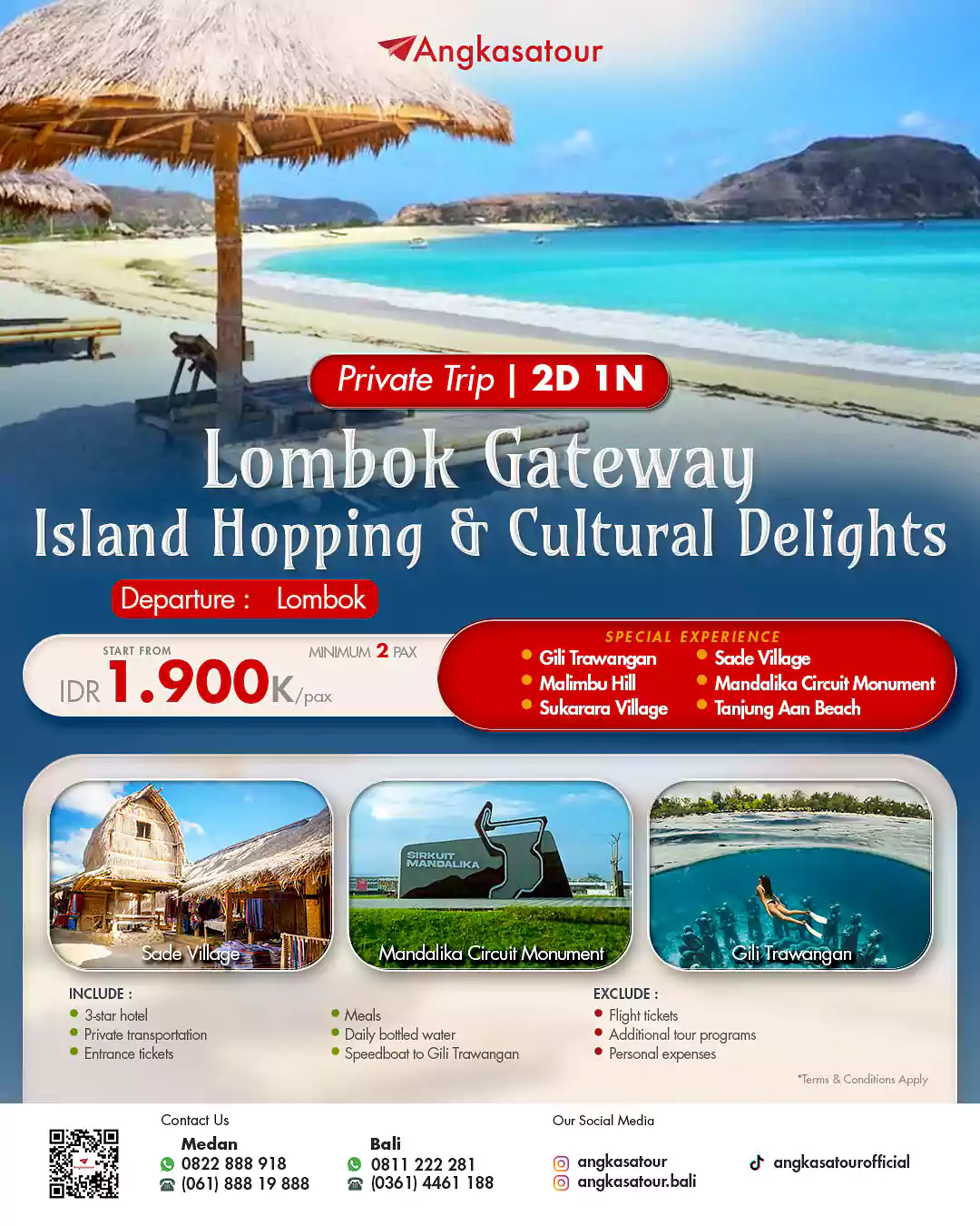 Paket wisata Lombok 2 hari 1 malam, island hopping ke Gili dan jalan-jalan budaya ke Desa Sade.