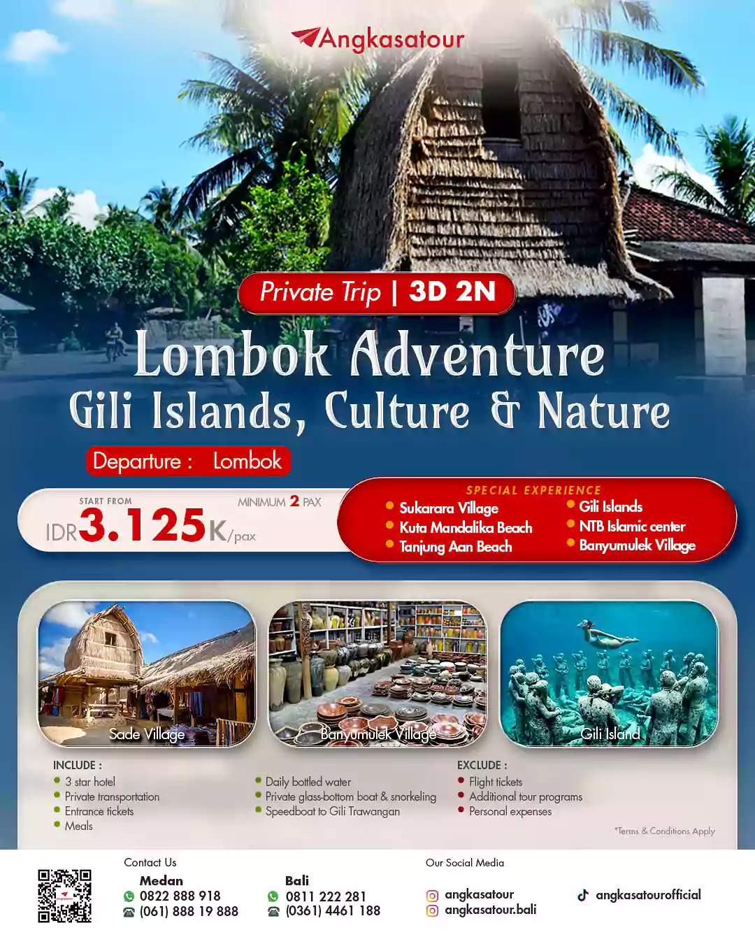 Trip ke Lombok 3 hari 2 malam, jelajahi Gili Islands, Desa Sade, dan suasana alam Lombok yang tenang.