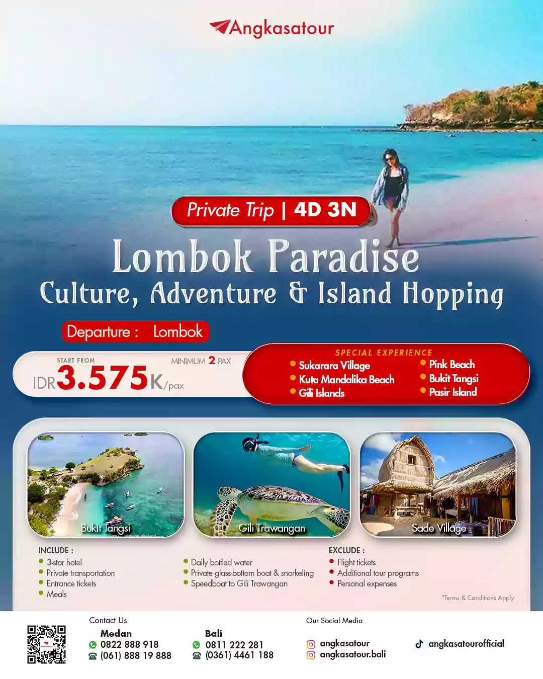 Paket tour Lombok 4 hari 3 malam, snorkeling di Gili Trawangan dan wisata budaya di Desa Sade