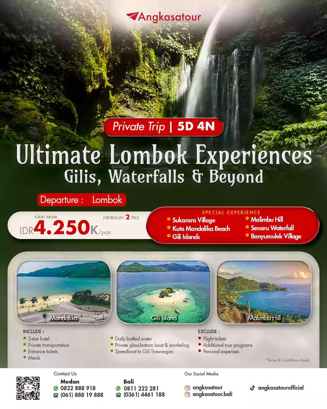Paket wisata Lombok 5 hari 4 malam, explore Gili Islands, Malimbu Hill, dan air terjun cantik.