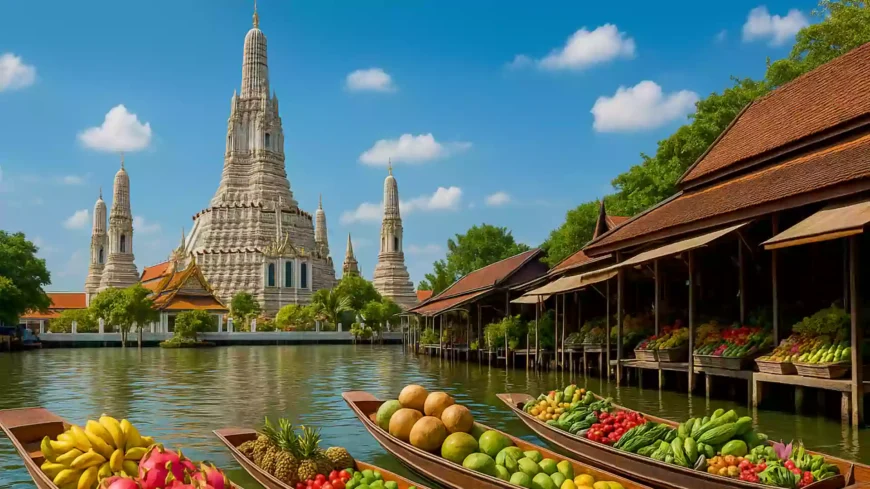 Pemandangan Wat Arun yang megah berdampingan dengan perahu pasar terapung penuh buah segar sebagai bagian dari tempat wisata di Thailand yang ikonik.