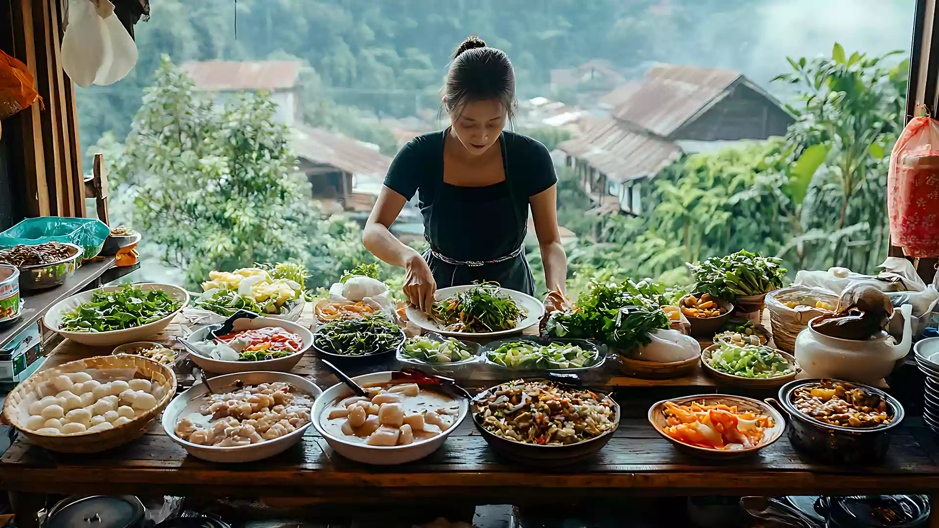 Seorang wanita sedang menyiapkan hidangan tradisional Bali di dapur terbuka dengan pemandangan alam hijau.