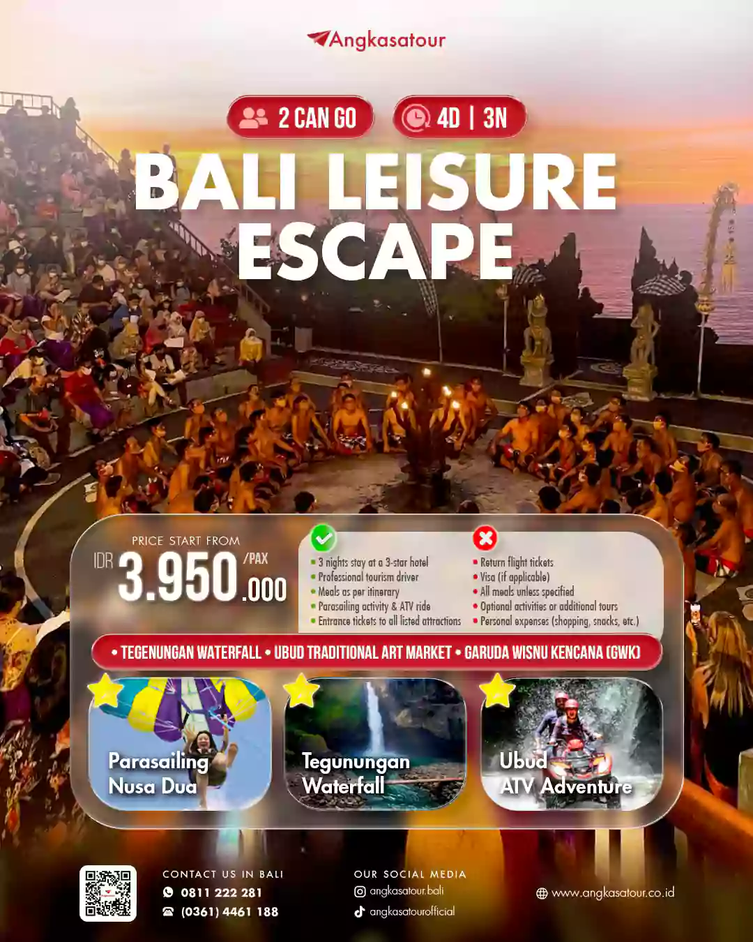 Bali Leisure Escape 4D3N: Parasailing Nusa Dua, Tegenungan Waterfall, Ubud ATV Adventure & GWK. Include hotel, driver, makan & tiket. Mulai Rp3,95 jt/pax.