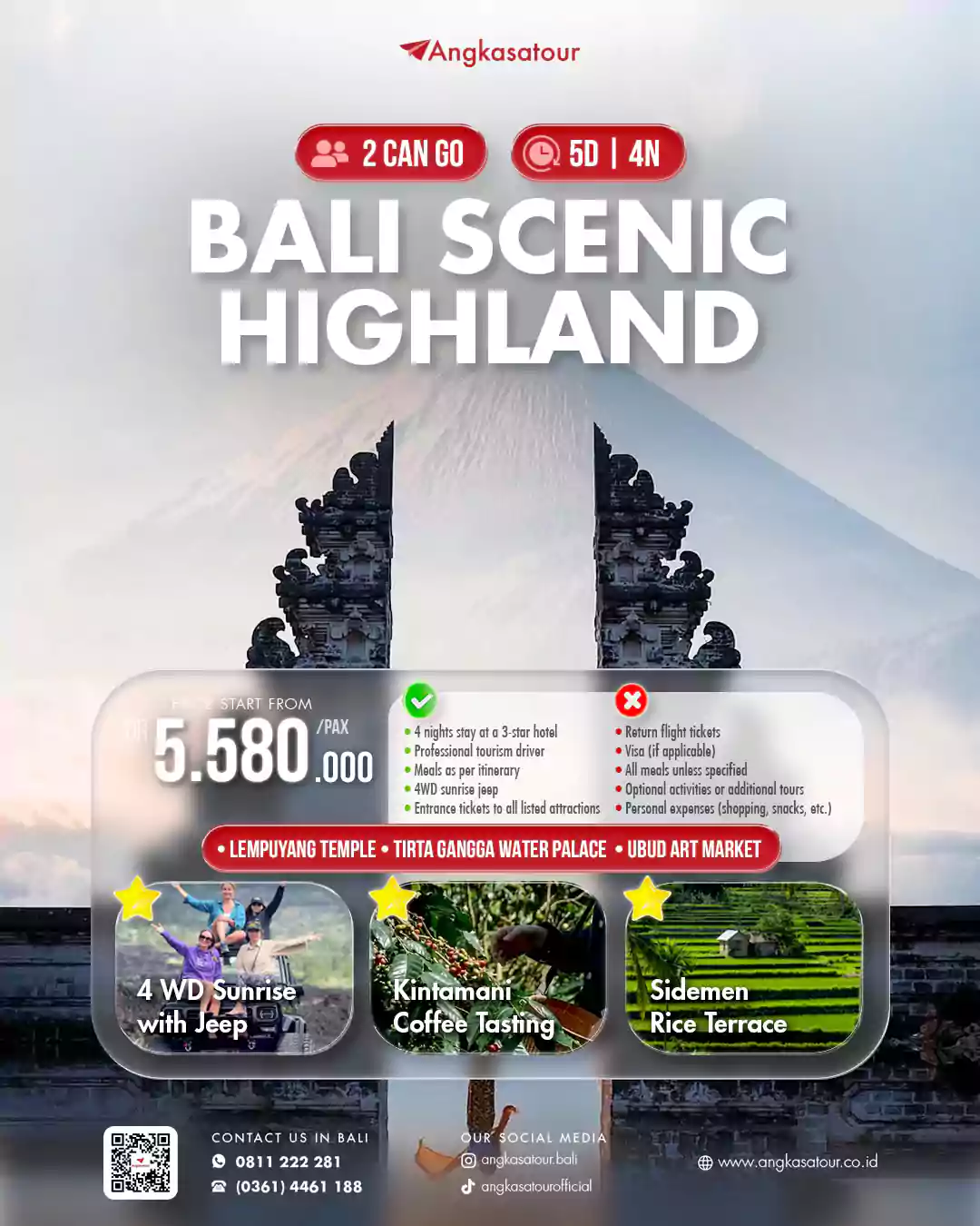 Bali Scenic Highland 5D4N: Lempuyang, Tirta Gangga & Ubud Art Market + Jeep Sunrise, Kintamani Coffee Tasting & Sidemen. Mulai Rp5,58 jt/pax.