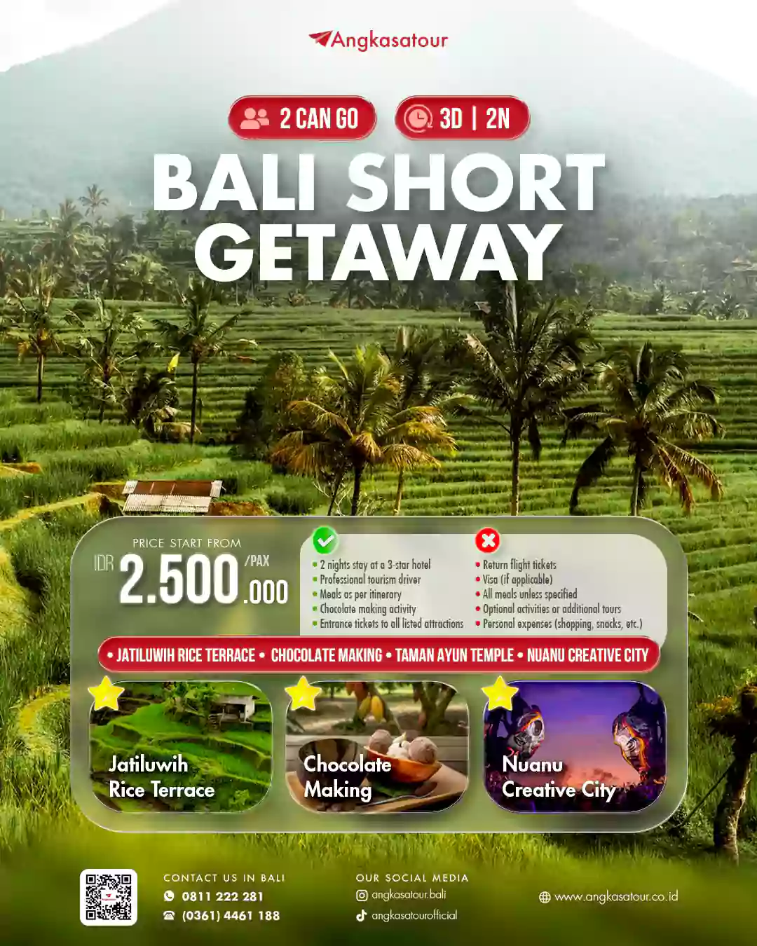Bali Short Getaway 3D2N: Jatiluwih, Chocolate Making, Taman Ayun & Nuanu Creative City. Include hotel bintang 3, driver, makan & tiket. Mulai Rp2,5 jt/pax.