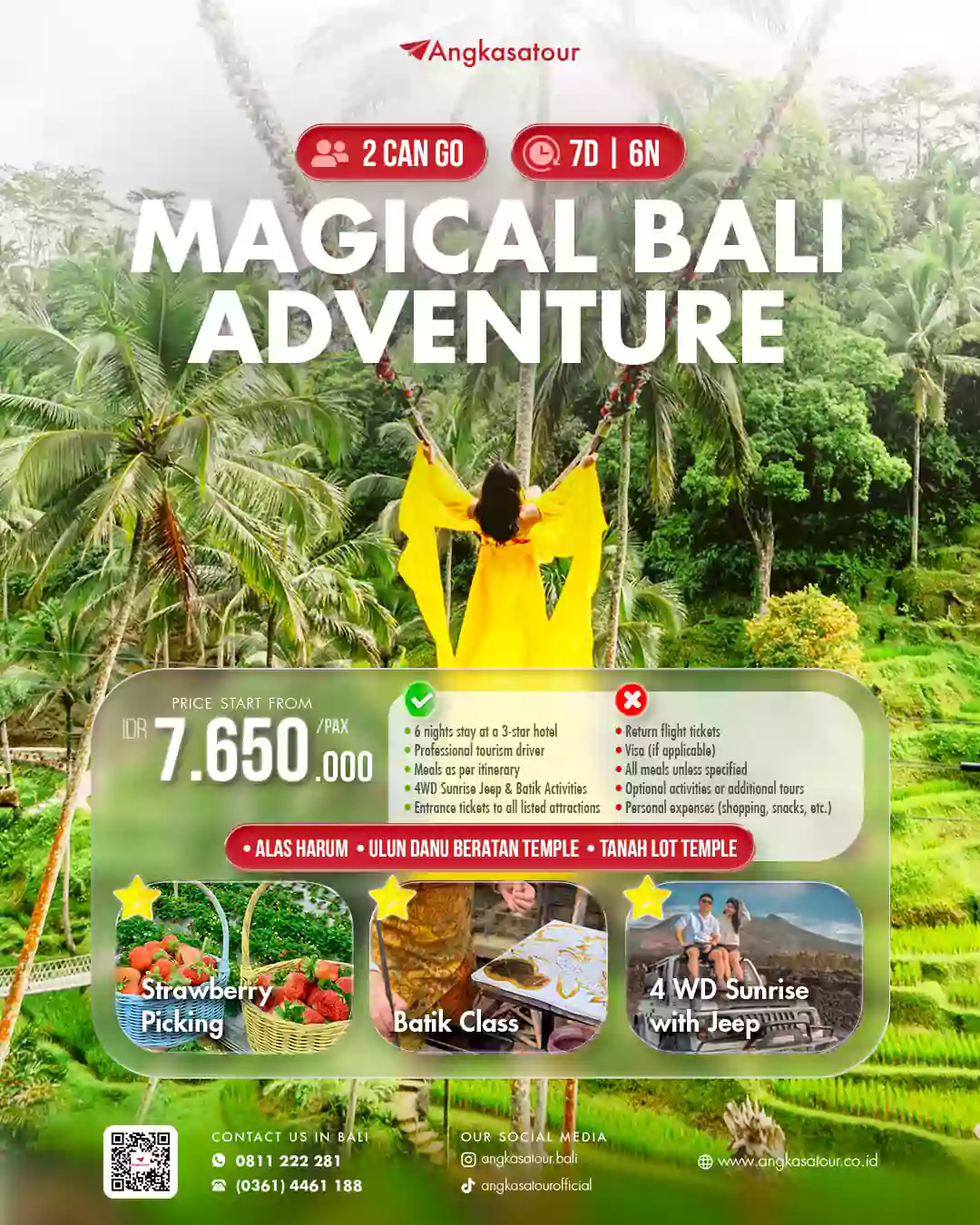 Magical Bali Adventure 7D6N: Alas Harum, Ulun Danu Beratan & Tanah Lot + Strawberry Picking, Batik Class & Jeep Sunrise. Include hotel, driver, makan & tiket. Mulai Rp7,65 jt/pax.