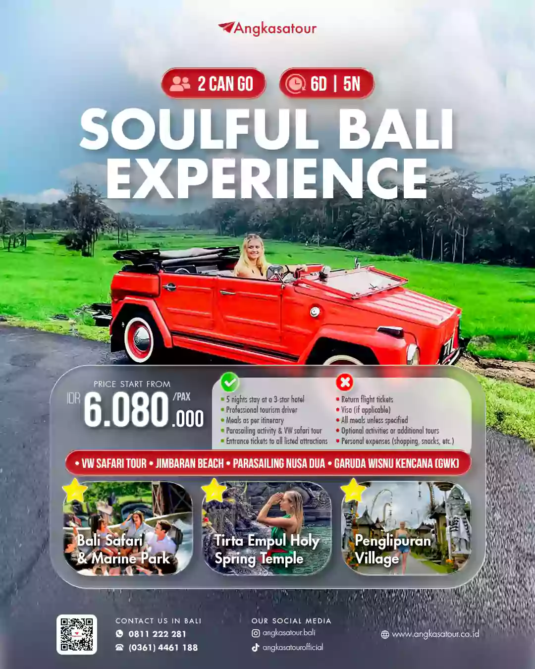 Soulful Bali Experience 6D5N: VW Safari, Jimbaran, Parasailing & GWK + Bali Safari, Tirta Empul & Penglipuran. Include hotel, driver, makan & tiket. Mulai Rp6,08 jt/pax.