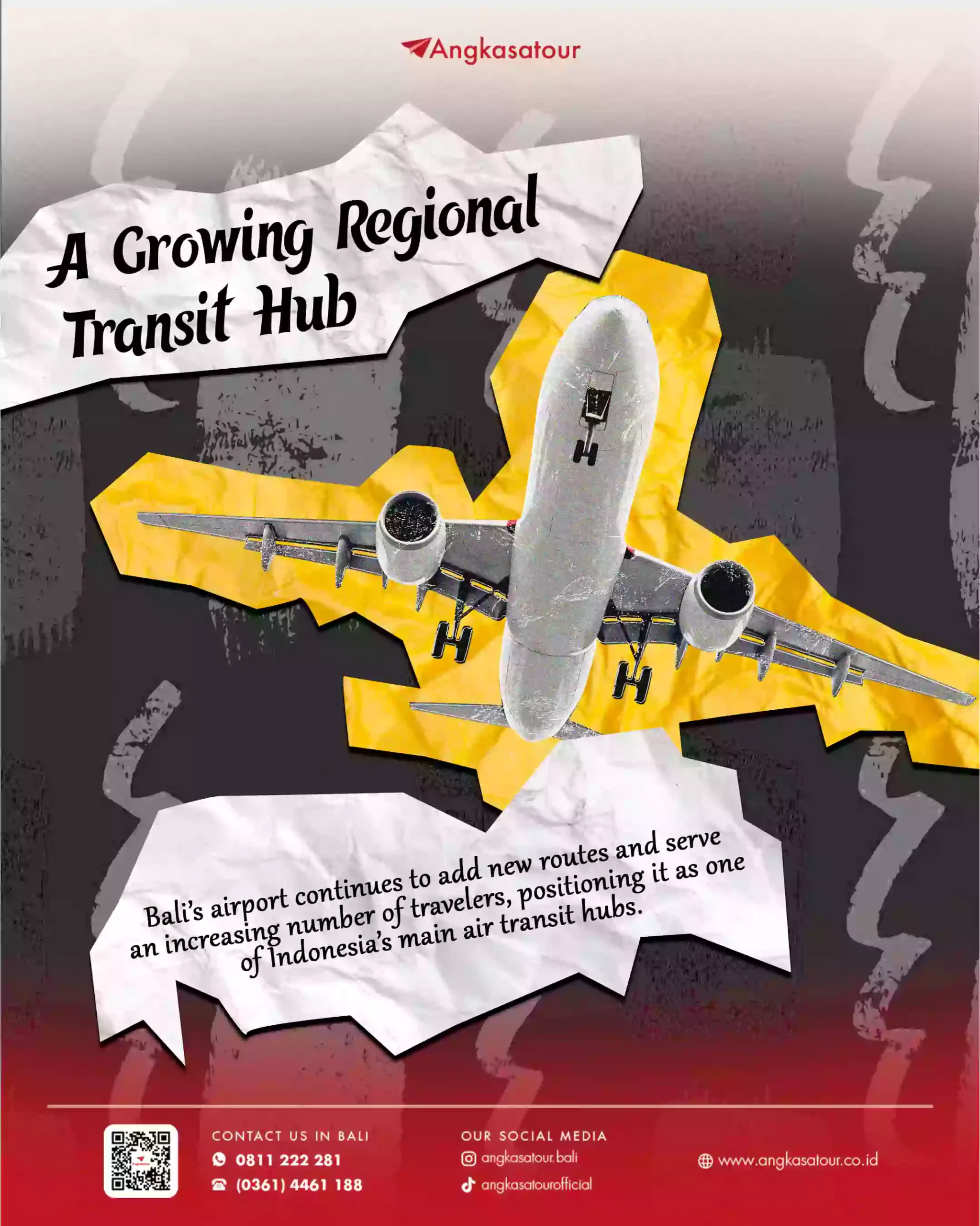 nfografis Angkasatour berjudul "A Growing Regional Transit Hub" memperlihatkan ilustrasi pesawat terbang di atas peta Bali, menyoroti Bandara Ngurah Rai sebagai hub transit regional dengan rute baru.