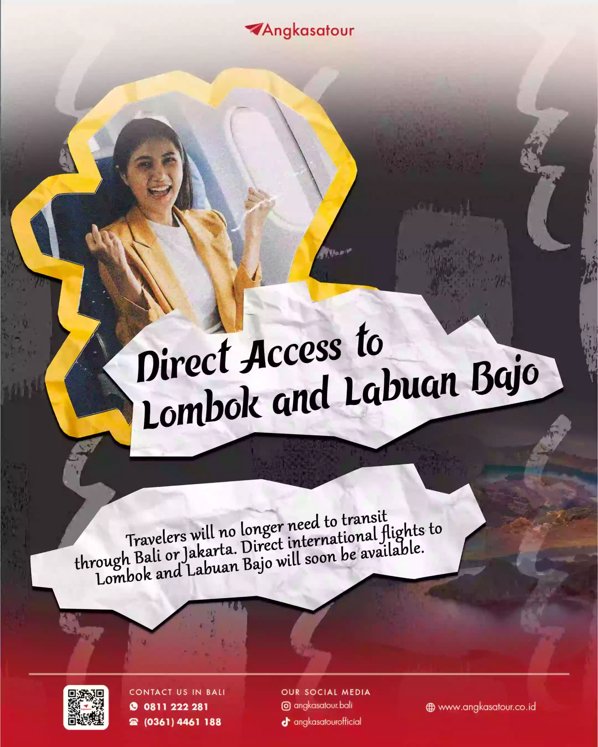 Gambar poster Angkasatour "Direct Access to Lombok & Labuan Bajo" menunjukkan traveler di kursi pesawat tersenyum senang, menekankan kemudahan akses penerbangan langsung tanpa transit ke Lombok dan Labuan Bajo.