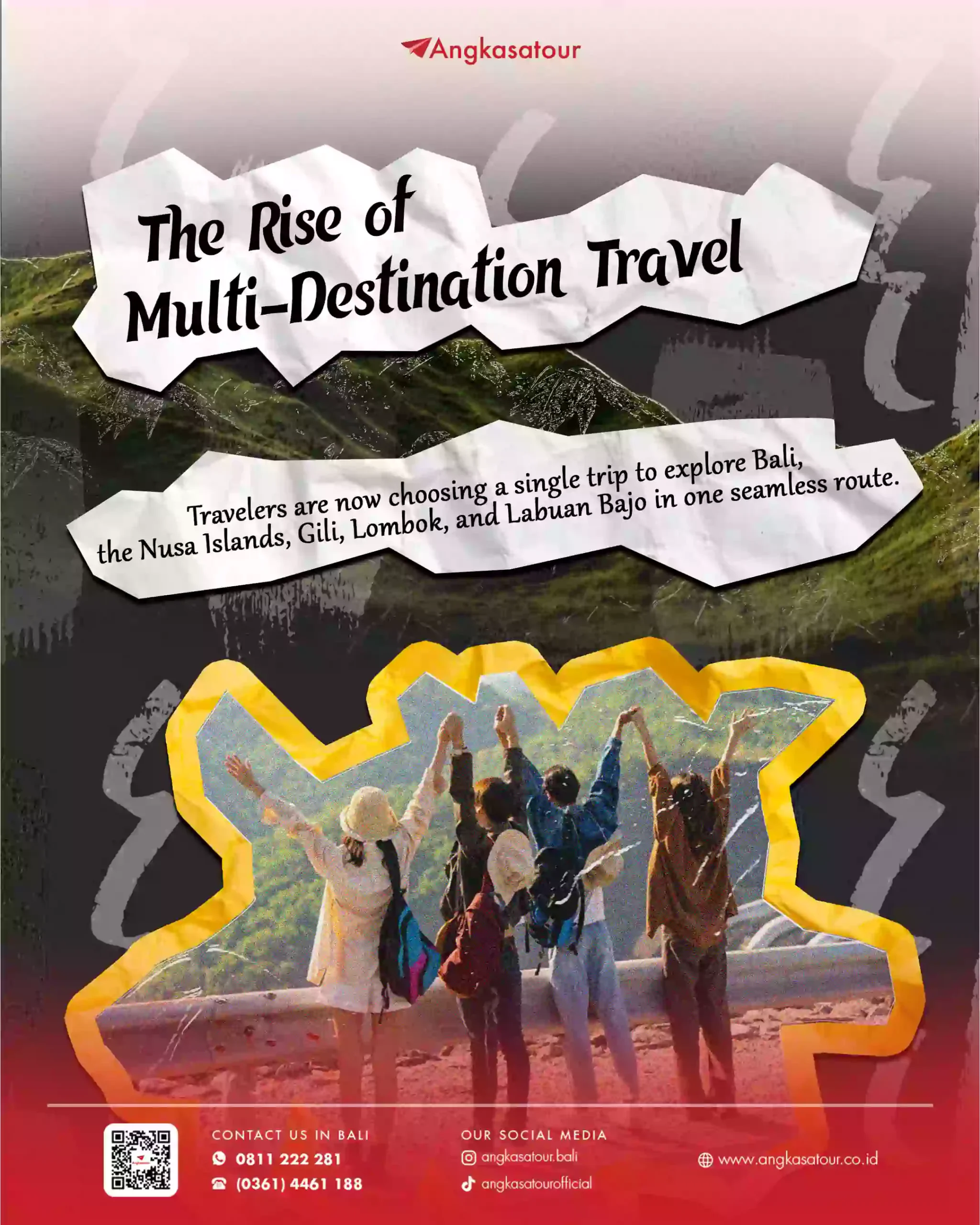 Infografis "The Rise of Multi-Destination Travel" dari Angkasatour menampilkan peta Bali, Nusa Tenggara dan ikon destinasi (pulau, pesawat, kapal) yang terhubung, menggambarkan tren wisata satu perjalanan ke banyak destinasi.
