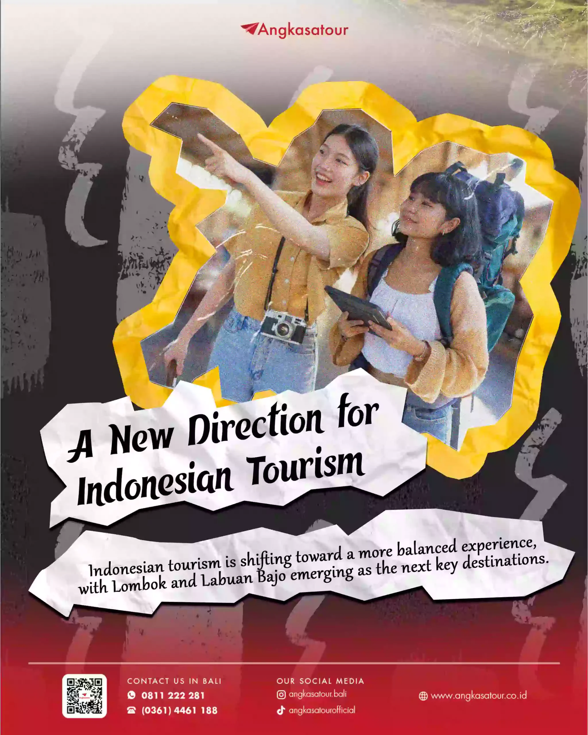 Poster Angkasatour "A New Direction for Indonesian Tourism" memperlihatkan dua wisatawan menikmati pemandangan alam Indonesia, mengilustrasikan pergeseran fokus pariwisata ke Lombok dan Labuan Bajo sebagai destinasi kunci selain Bali.