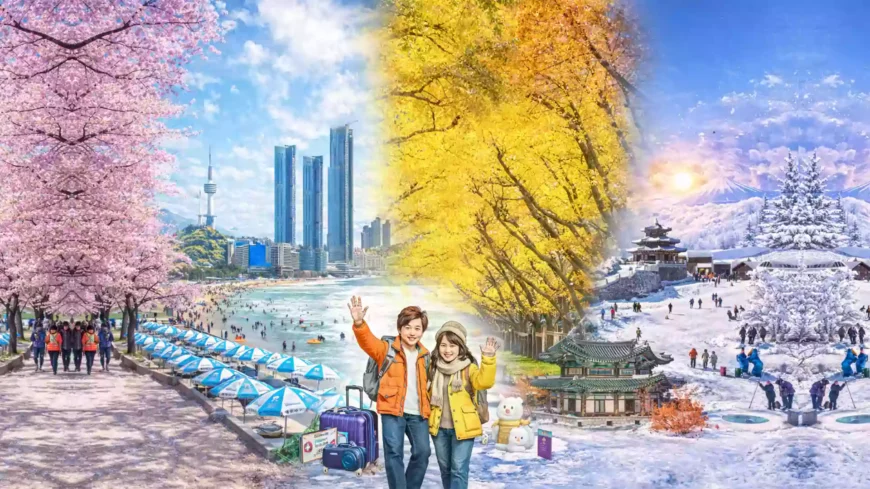 Ilustrasi empat musim di Korea Selatan menampilkan musim semi, panas, gugur, dan dingin sebagai panduan waktu terbaik ke Korea Selatan tiap bulan.