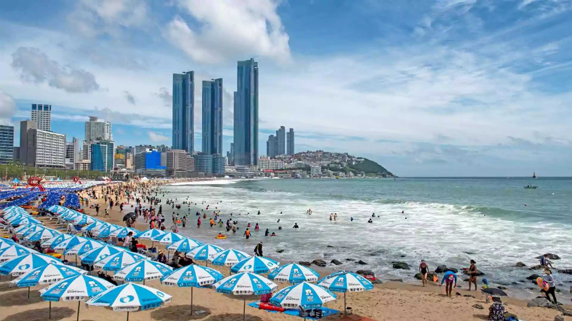 Pantai Haeundae Busan saat musim panas dengan gedung pencakar langit dan wisatawan berenang, suasana waktu terbaik ke Korea Selatan bulan Juni hingga Agustus.