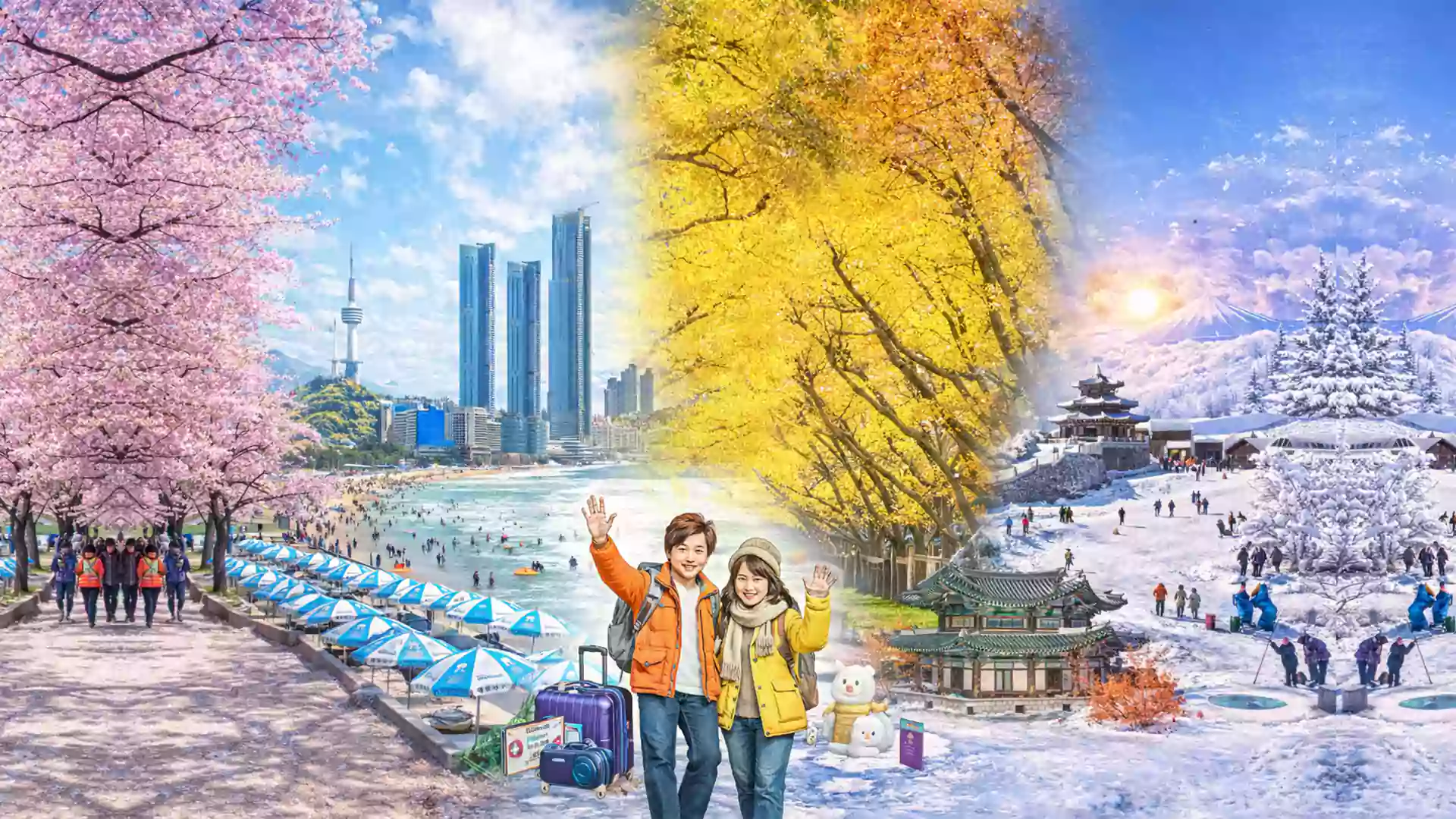 Ilustrasi empat musim di Korea Selatan menampilkan musim semi, panas, gugur, dan dingin sebagai panduan waktu terbaik ke Korea Selatan tiap bulan.