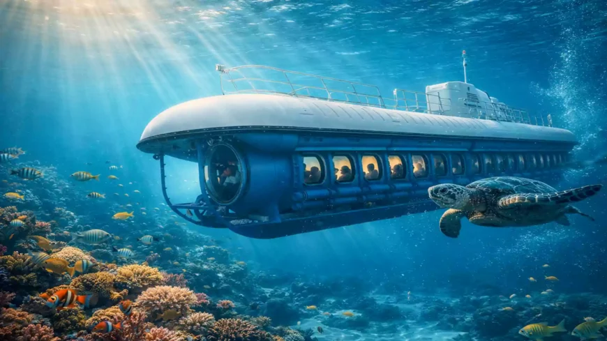 Kapal selam wisata modern di Nusa Penida, Bali, bergerak perlahan di bawah laut jernih. Terlihat terumbu karang berwarna-warni, ikan tropis berenang di sekitarnya, dan penumpang di dalam kapal selam menikmati pemandangan laut melalui jendela kaca besar.