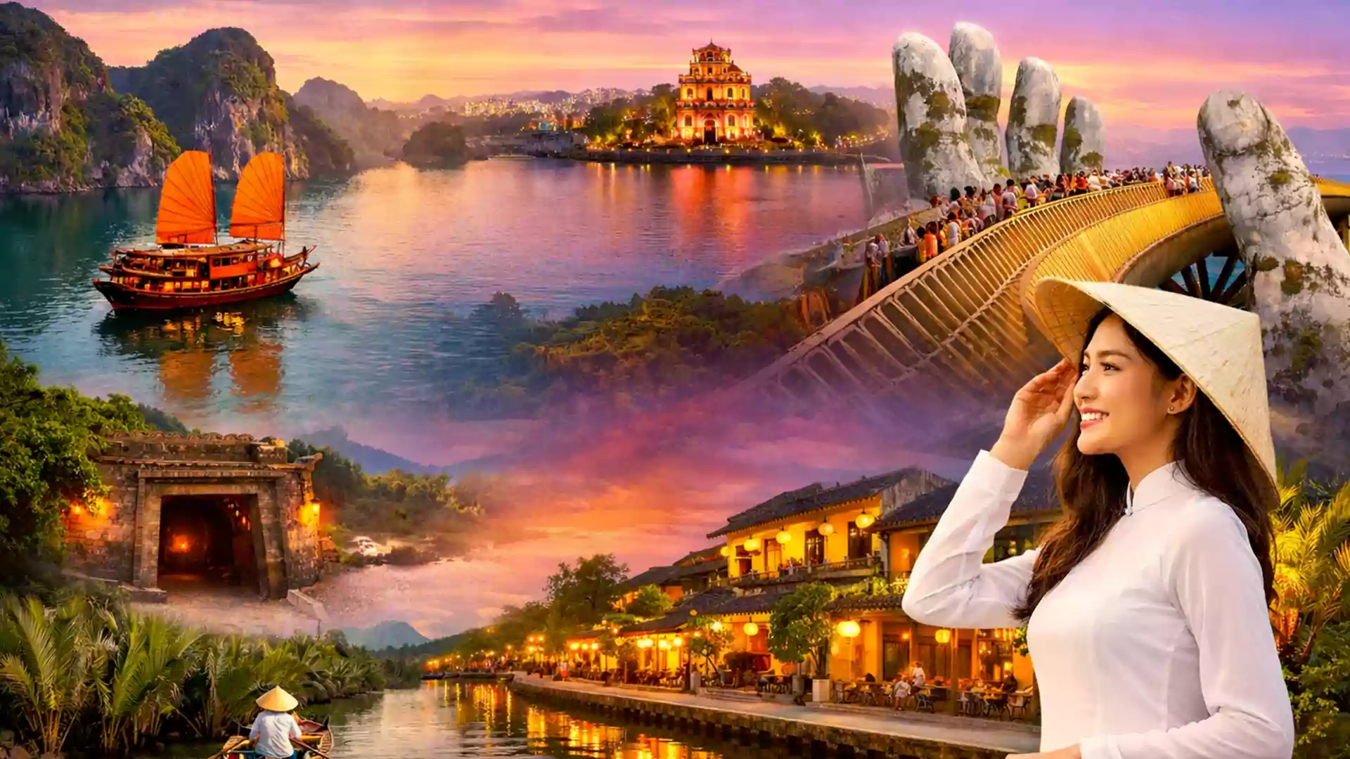 Kolase destinasi wisata Vietnam saat matahari terbenam, menampilkan kapal tradisional di Ha Long Bay, Golden Bridge di Da Nang, suasana sungai di Hoi An, terowongan bersejarah, perahu kecil di Delta Mekong, dan seorang perempuan memakai áo dài putih serta topi nón lá di sisi kanan gambar.