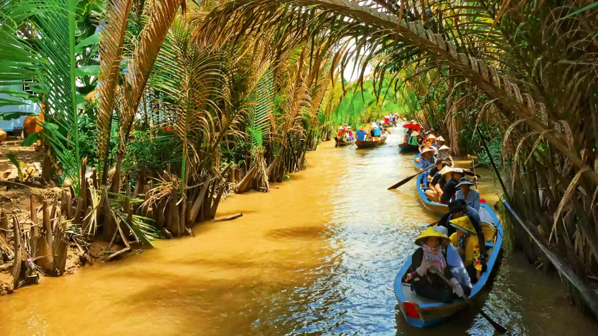 Perahu-perahu kecil membawa wisatawan menyusuri kanal sempit di Delta Mekong, dikelilingi pohon kelapa air dan suasana tropis yang rindang.