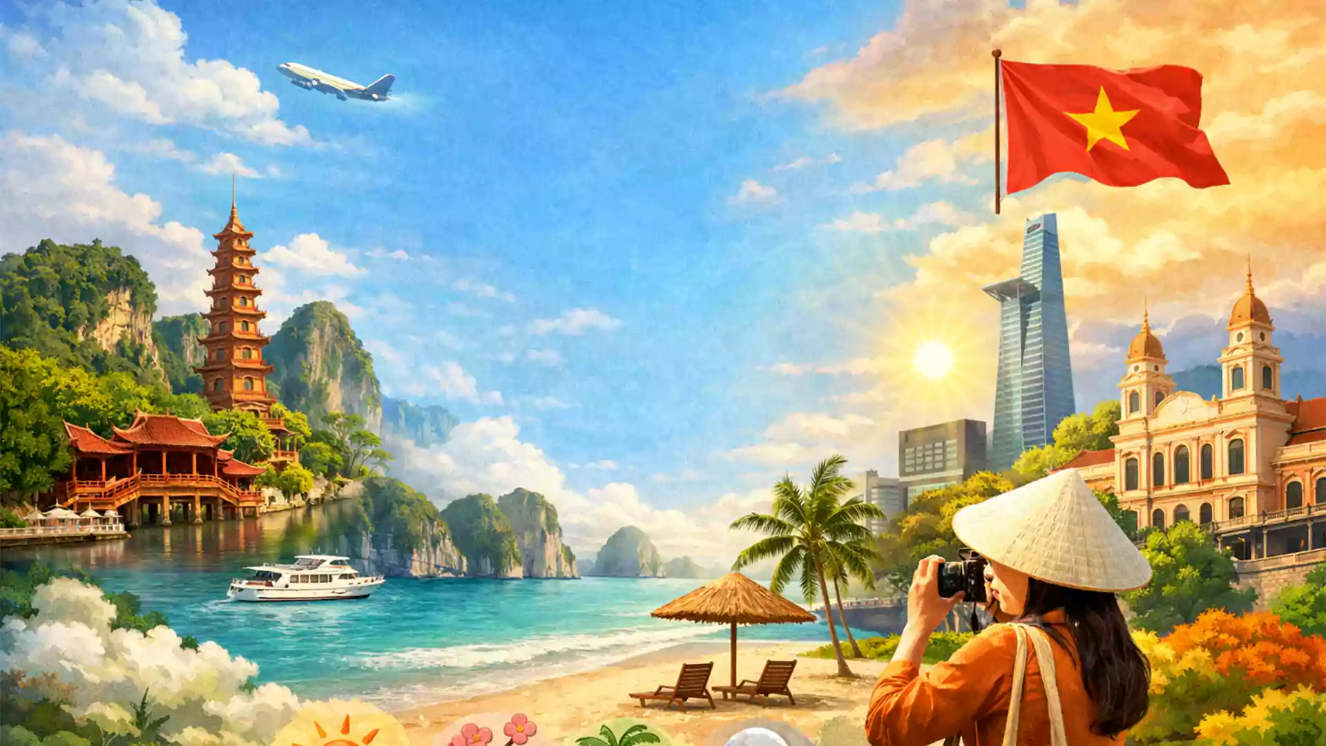 Ilustrasi pemandangan Vietnam yang menampilkan Ha Long Bay, pantai tropis, kota modern Ho Chi Minh, dan wisatawan memakai topi khas Vietnam