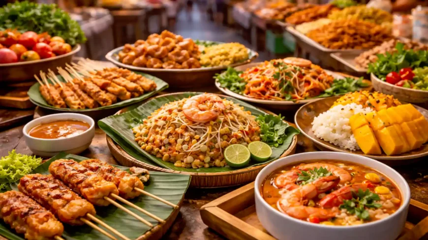 Aneka makanan khas Bangkok Thailand di pasar malam, termasuk pad thai, tom yum, sate ayam, som tam, dan mango sticky rice.