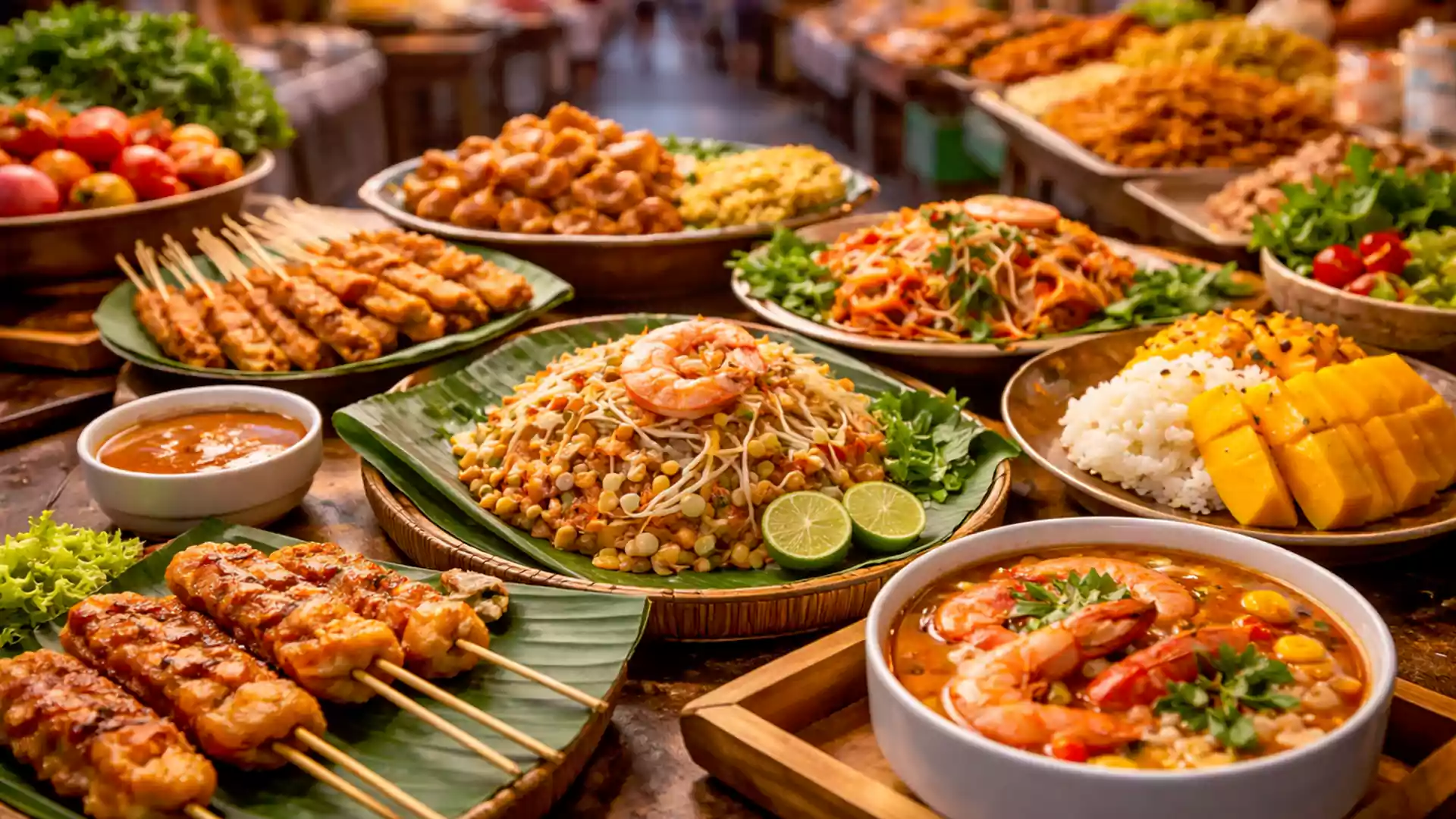 Aneka makanan khas Bangkok Thailand di pasar malam, termasuk pad thai, tom yum, sate ayam, som tam, dan mango sticky rice.