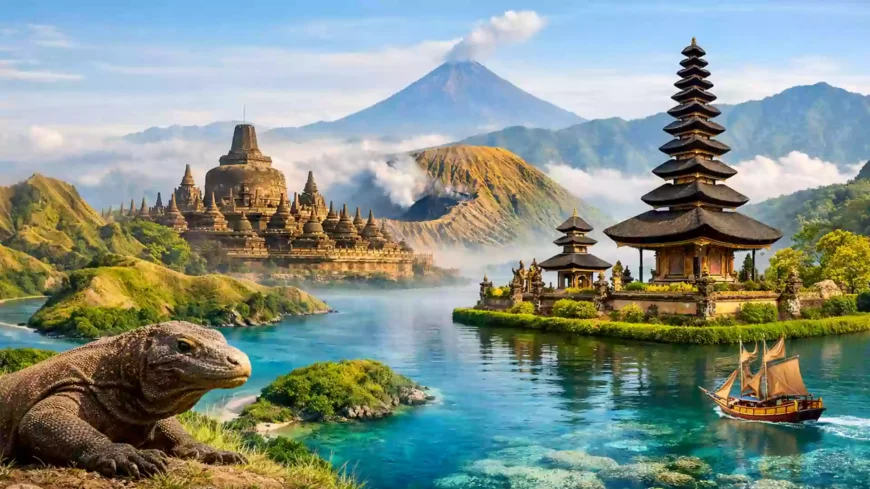 Pemandangan destinasi wisata Indonesia menampilkan Candi Borobudur, Gunung Bromo, pura di danau Bali, laut jernih dengan pulau tropis, dan komodo di alam liar.