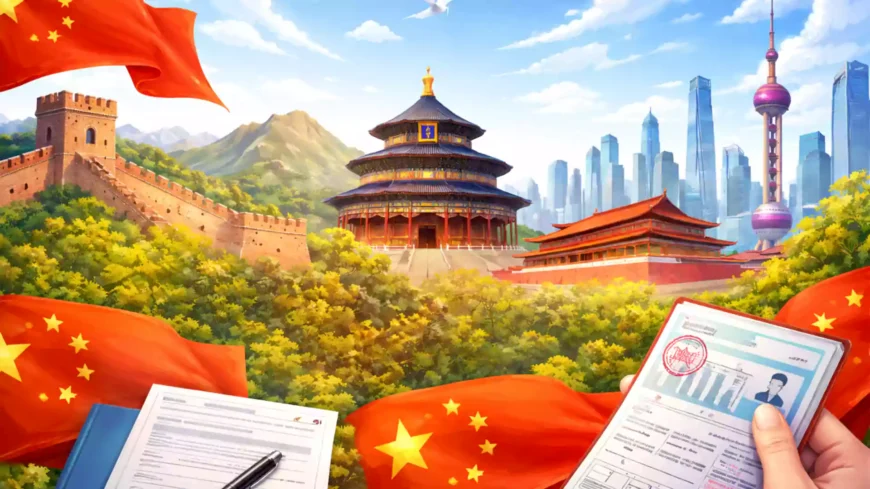 Ilustrasi cara urus visa China untuk WNI — paspor berisi stempel visa China, formulir aplikasi, dengan latar landmark China seperti Tembok Besar, Temple of Heaven, dan Oriental Pearl Tower Shanghai