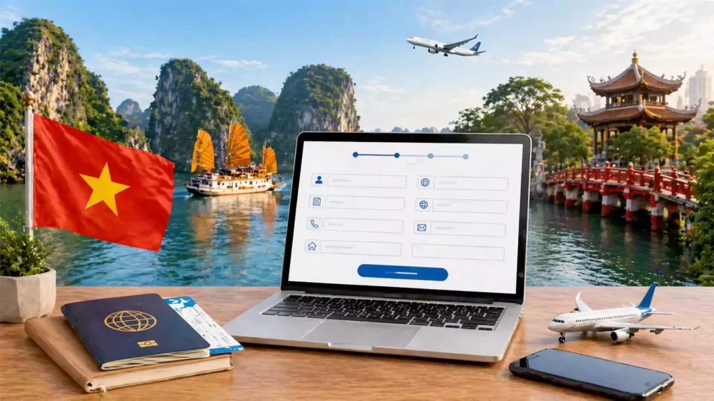 Laptop menampilkan formulir Vietnam pre-arrival declaration form di meja dengan paspor, tiket pesawat, bendera Vietnam, dan latar Halong Bay