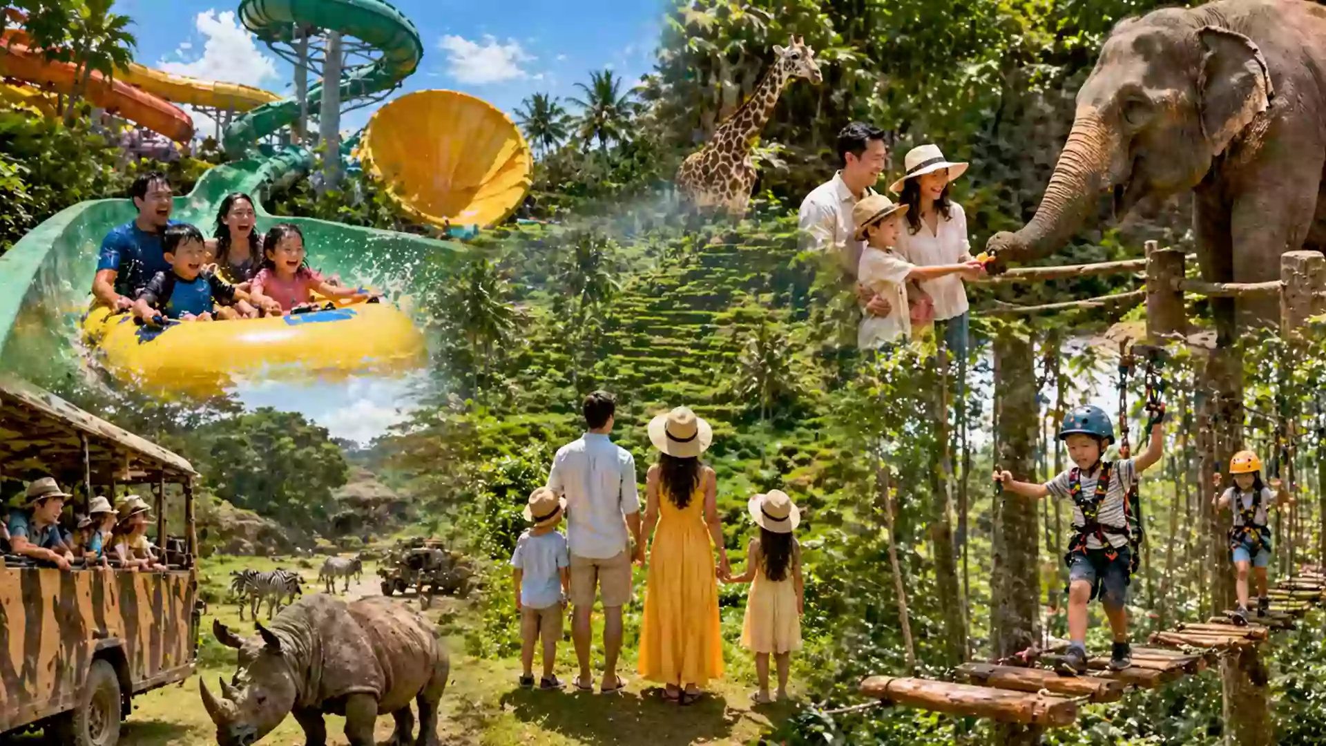 Kolase aktivitas wisata keluarga di Bali dengan anak, menampilkan waterpark, safari hewan, memberi makan gajah, trekking sawah Ubud, dan permainan treetop adventure.
